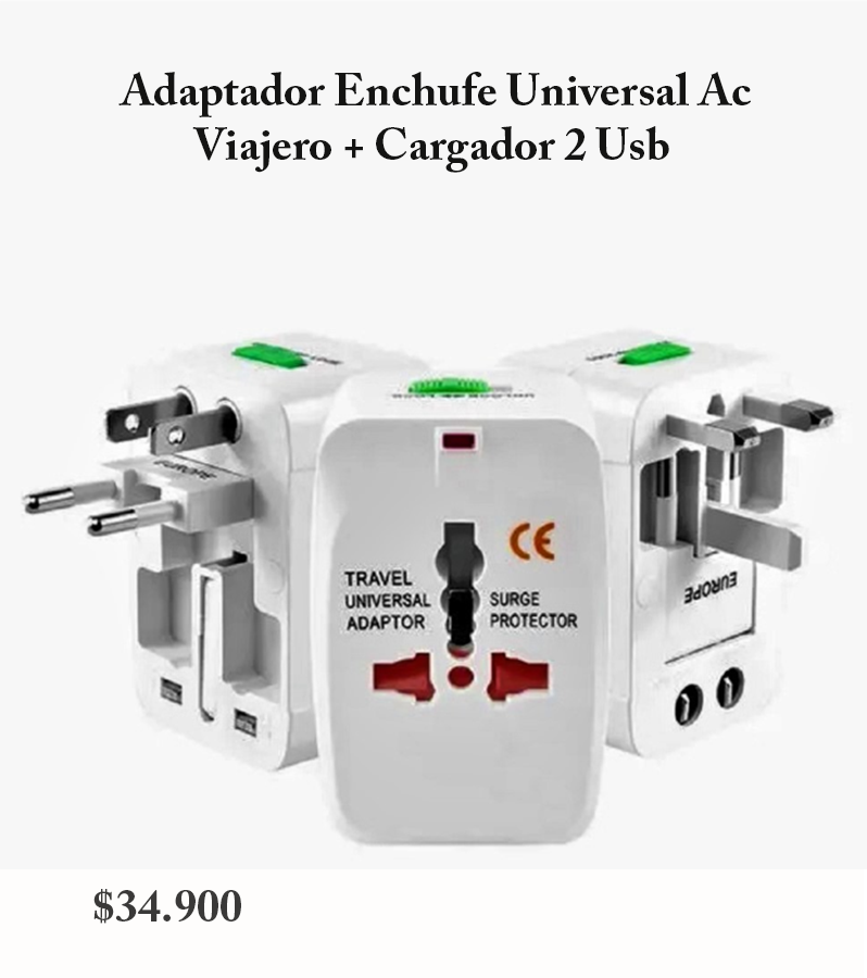 Adaptador Enchufe Universal Ac Viajero + Cargador 2 Usb