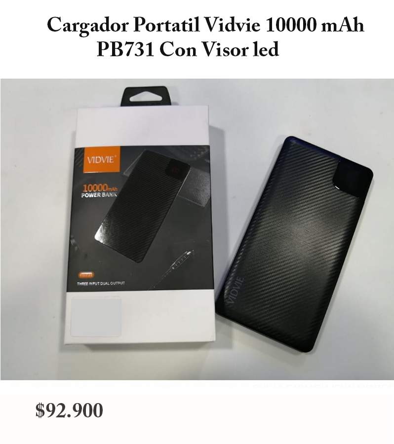 Cargador Portatil Vidvie 10000 mAh PB731 Con Visor led